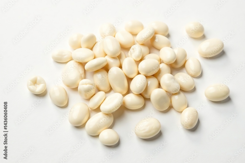 Scattered white beans on pure white background, pile, agriculture Scattered white beans on pure white background, pile, agriculture