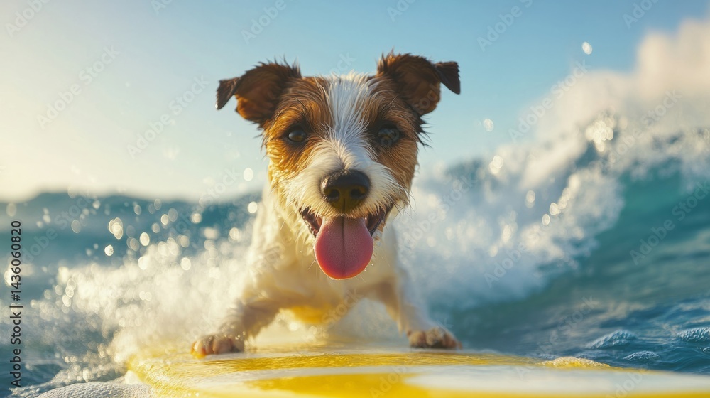 A lively Jack Russell Terrier rides a yellow surfboard, tongue out and tail wagging, as it navigates the waves under a bright blue sky, embodying summer fun