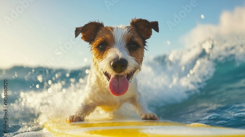Obraz na płótnie A lively Jack Russell Terrier rides a yellow surfboard, tongue out and tail wagging, as it navigates the waves under a bright blue sky, embodying summer fun w salonie