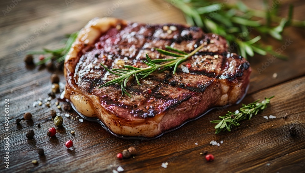 Sizzling steak rests on a wooden table, beautifully garnished with rosemary and herbs, highlighting a perfect blend of flavors and textures in a culinary masterpiece