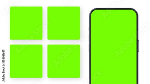 Animated Smartphone Mockup With Square Posts Templates, Green Screen, Isolated On White Background