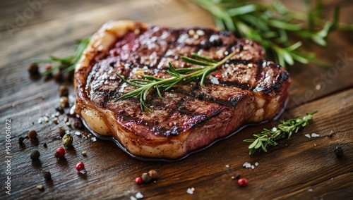 Obraz na płótnie Sizzling steak rests on a wooden table, beautifully garnished with rosemary and herbs, highlighting a perfect blend of flavors and textures in a culinary masterpiece w salonie
