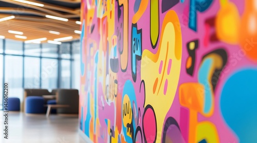 Vibrant mural art in a modern office break room with contemporary design