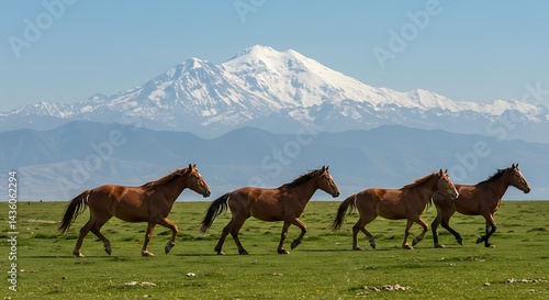 A beautiful meadow, lush green pasture, and the background is the beautiful snow-capped Himalayas, wild horses of different colors running
