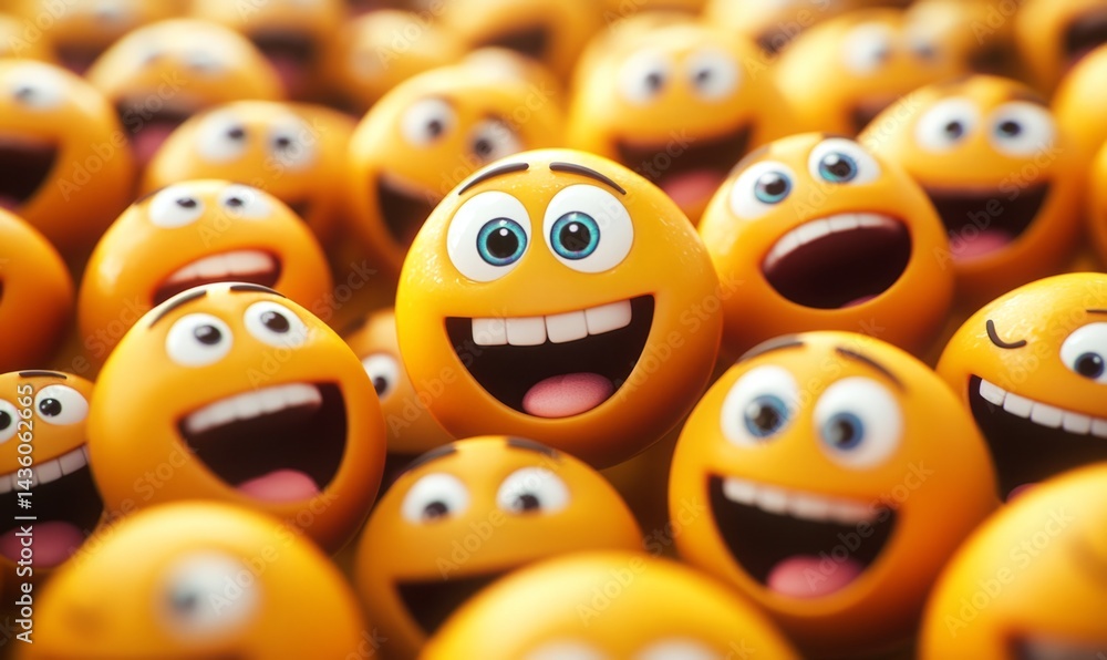 A large group of smiling emoji faces fills the frame, showcasing happy expressions with bright eyes and wide mouths. The joyful arrangement reflects the happiness found in community spaces