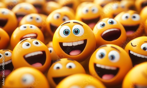 Obraz na płótnie A large group of smiling emoji faces fills the frame, showcasing happy expressions with bright eyes and wide mouths. The joyful arrangement reflects the happiness found in community spaces w salonie