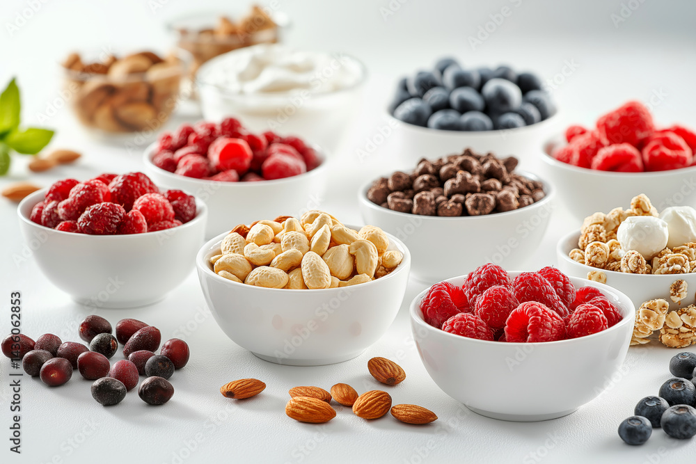 Variety of healthy snacks, nuts, fruits, and yogurt bowls on a white table. Variety of healthy snacks, nuts, fruits, and yogurt bowls on a white table.
