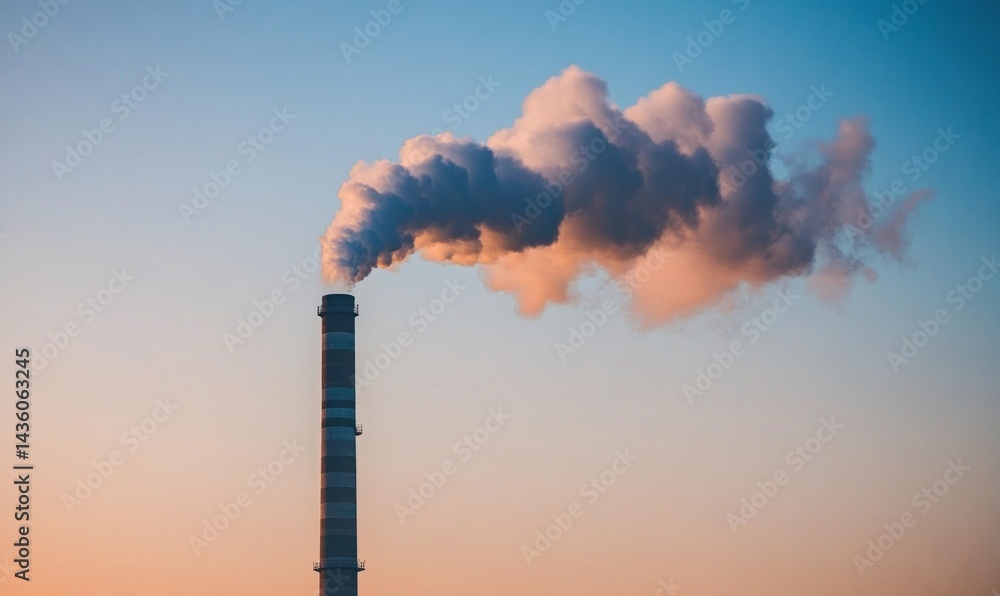 A tall smokestack emits white clouds against a beautiful sunset sky, highlighting the impact of industrial activity on the environment in a clear backdrop