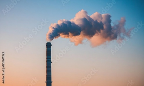 Obraz na płótnie A tall smokestack emits white clouds against a beautiful sunset sky, highlighting the impact of industrial activity on the environment in a clear backdrop w salonie
