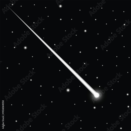 Shooting stars vector. light of falling of a meteorite. High quality star and comet universe on black background. Beautiful shooting star. A realistic starry sky with a white glow. 