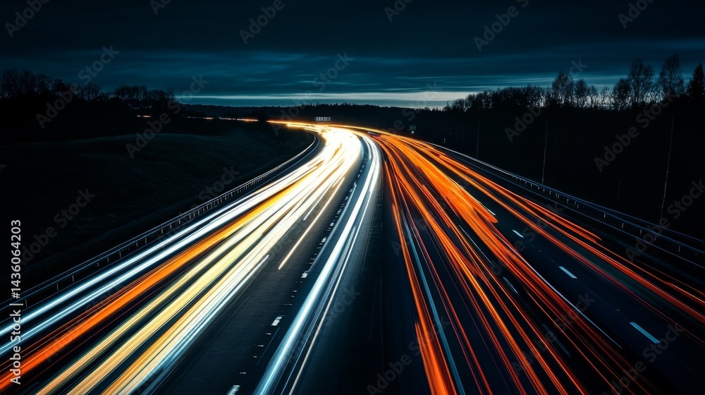Bright streaks of light fill the highway as vehicles pass swiftly during the night. The blurred background adds a sense of speed and motion to the urban landscape