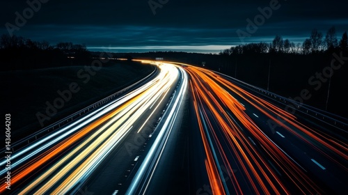Obraz na płótnie Bright streaks of light fill the highway as vehicles pass swiftly during the night. The blurred background adds a sense of speed and motion to the urban landscape w salonie