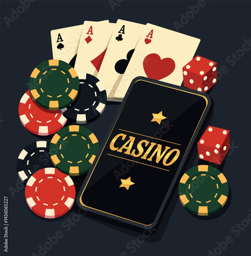 Casino and poker. Vector illustration with golden casino text, phone, different chips, dice, cards. Ideal for casino, roulette, slots projects on dark background