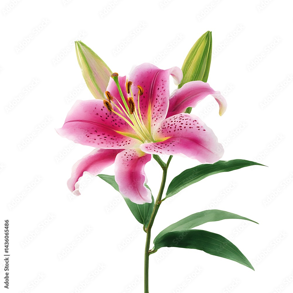Naklejka premium A beautiful watercolor illustration of a pink lily flower, isolated on a clean white background.