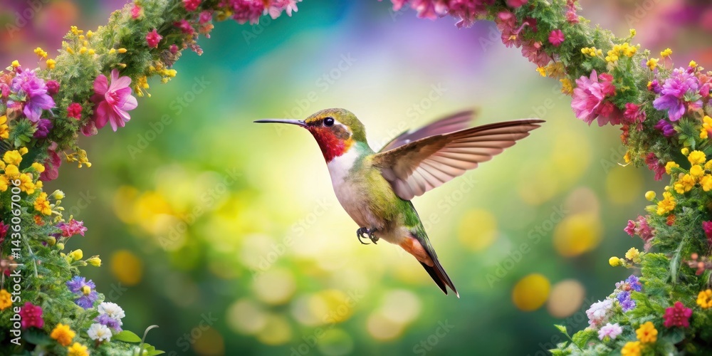 Naklejka premium Hummingbird Perched on a Vibrant Floral Wreath in Mid-Air, Capturing the Delicate Dance of Nature, colorful