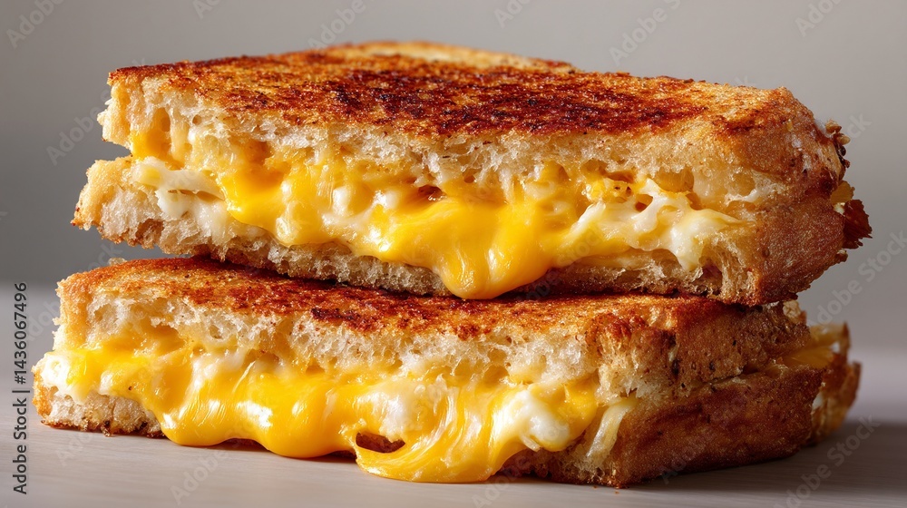Stack of two golden brown grilled cheese sandwiches oozing with melted cheese. Stack of two golden brown grilled cheese sandwiches oozing with melted cheese.