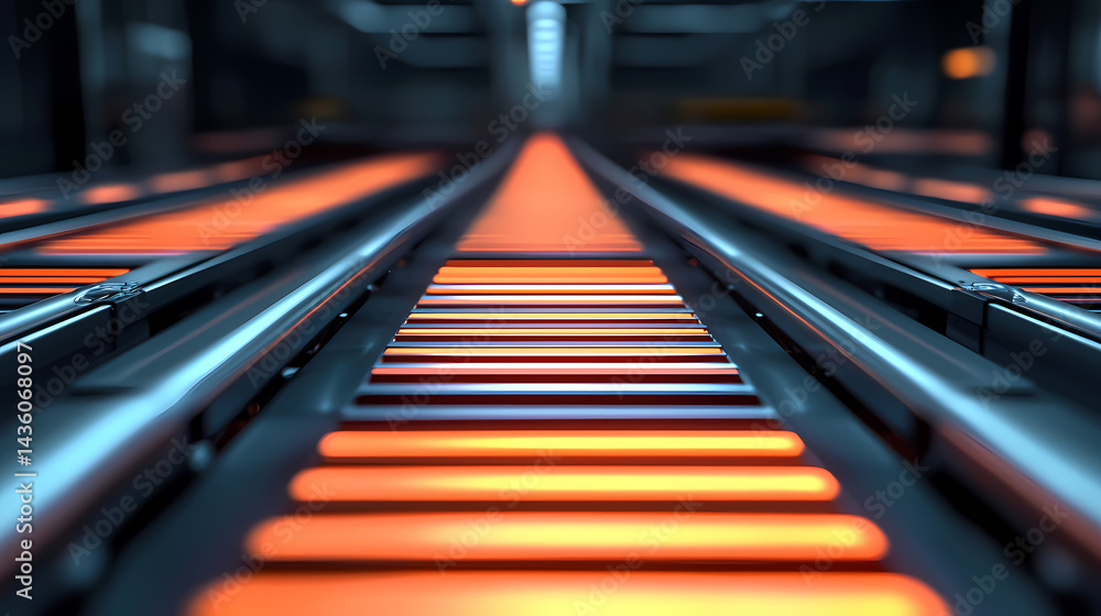 A close-up view of a modern conveyor belt with glowing orange segments, set in a high-tech environment, showcasing advanced machinery. A close-up view of a modern conveyor belt with glowing orange segments, set in a high-tech environment, showcasing advanced machinery.