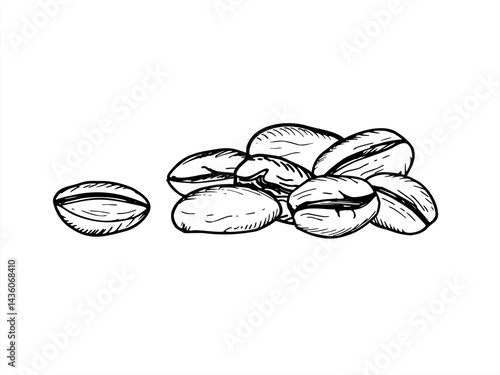 Monochrome roasted coffee bean pile vector illustration painted by black inks in realistic style. Organic grains with detailed textures. Monochrome flat for cafe coffee product, package decor, poster
