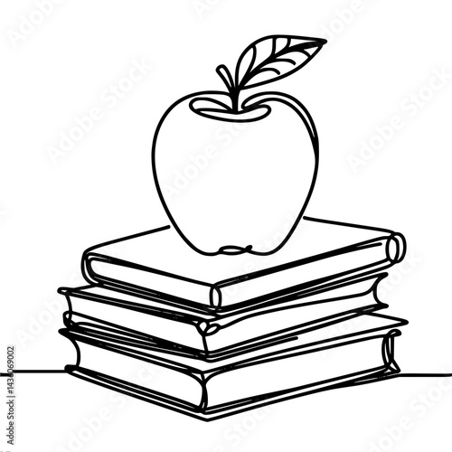 Single line outline of apple on stack of books  