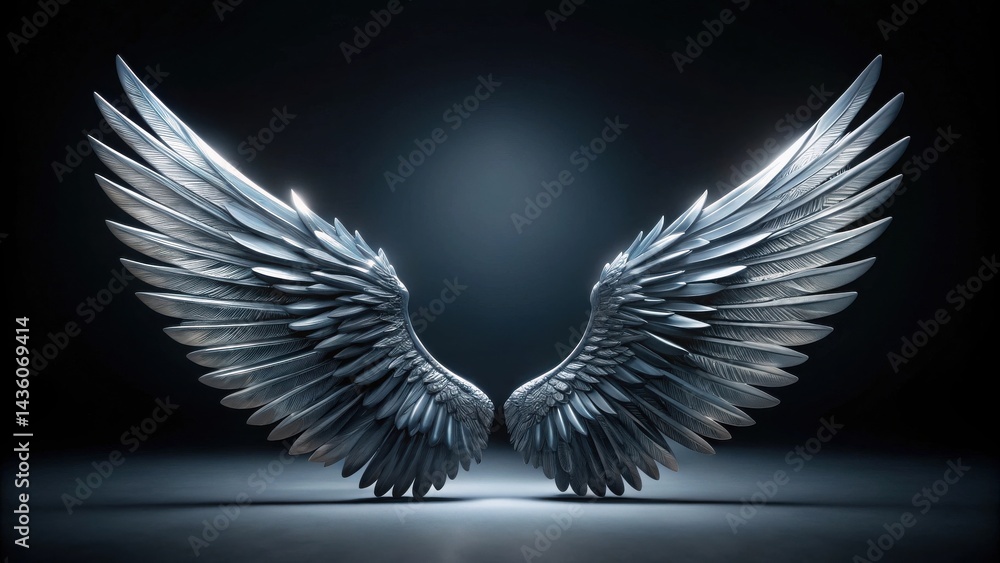 Fototapeta premium Majestic Silver Wings Spread Wide on Dark Background, Symbolizing Freedom, Power, and the Divine