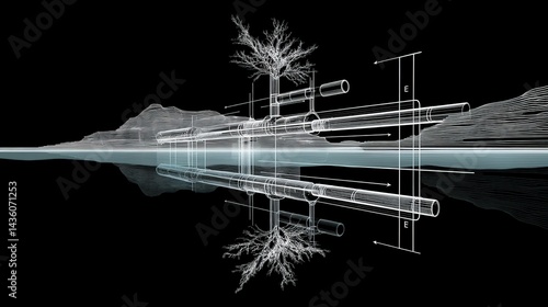 Modern Architecture Concept with Tree and Pipe Reflection Design