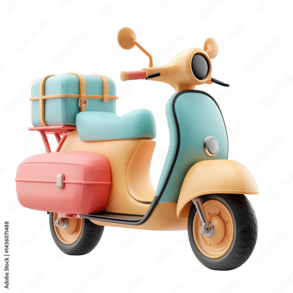 A colorful scooter with a pink and blue suitcase on the back. The scooter is parked on a white background A colorful scooter with a pink and blue suitcase on the back. The scooter is parked on a white background