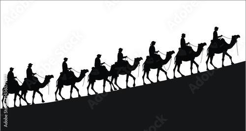Camel Caravan Silhouette Travelers Riding Through The Desert Landscape Graphic Illustration