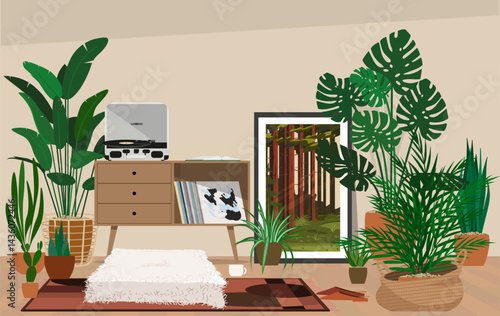 A room with a cozy seating area with records and a player for listening to music surrounded by plants.