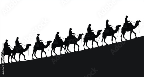 Camel Caravan Silhouette In The Desert People Traveling Middle East Black White