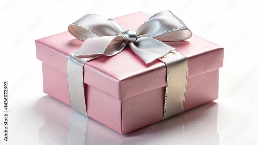 Fototapeta premium A delicately wrapped pink gift box adorned with a sophisticated silver ribbon, ideal for a special occasion or celebration.