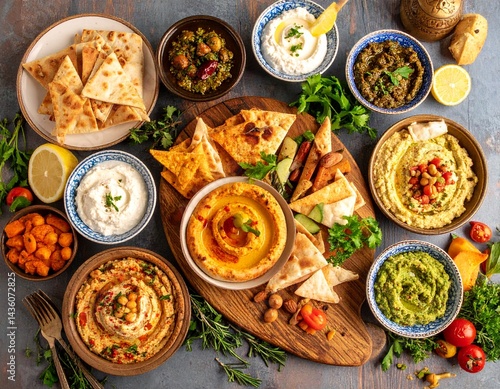 Vegan Mediterranean tapas mezze on stylish background