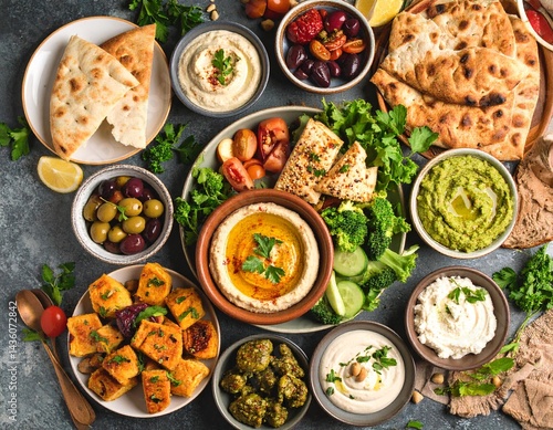 Vegan Mediterranean tapas mezze on stylish background