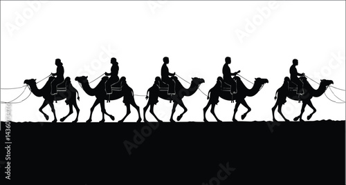 Caravan Of Camels Silhouette In Desert Landscape Against A White Background