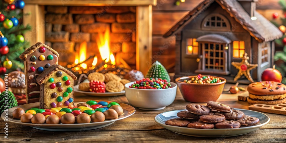 Fototapeta premium Cozy chocolate house interior with colorful cookies and sweets