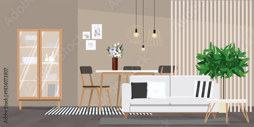 Modern living room interior with a white sofa and a dining area with a cupboard.