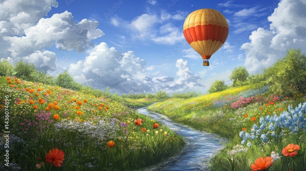 Obraz premium A balloon drifting peacefully in the sky surrounded by clouds, with a lush green meadow, a meandering stream, and vibrant flowers dotting the landscape below
