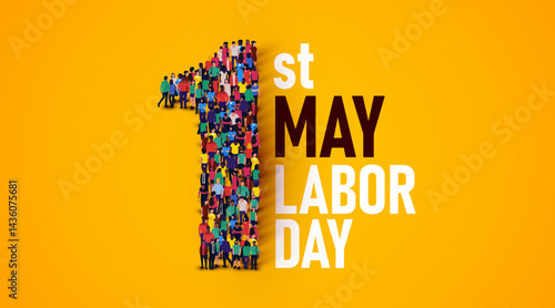 Happy labor day concept poster. Large group of people stands in the shape of the number 1. 1st of may.