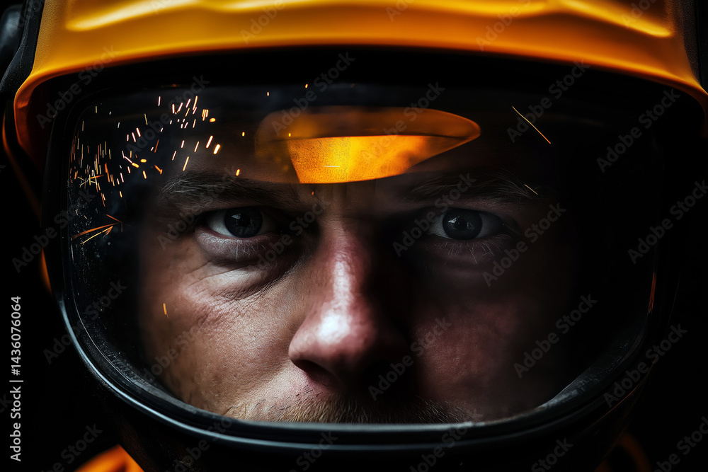 Close-up of a worker's face under a protective visor, sparks reflecting in the visor while welding, dark industrial background. Close-up of a worker's face under a protective visor, sparks reflecting in the visor while welding, dark industrial background.