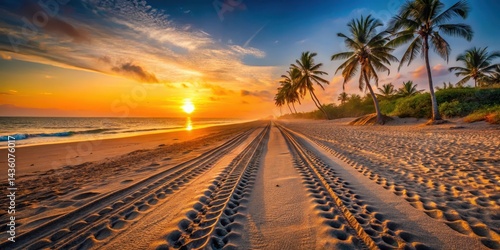 Deep tire tracks on a sandy beach at sunset with palm trees in the background, trail, nature,  trail, nature, vehicle, sand
