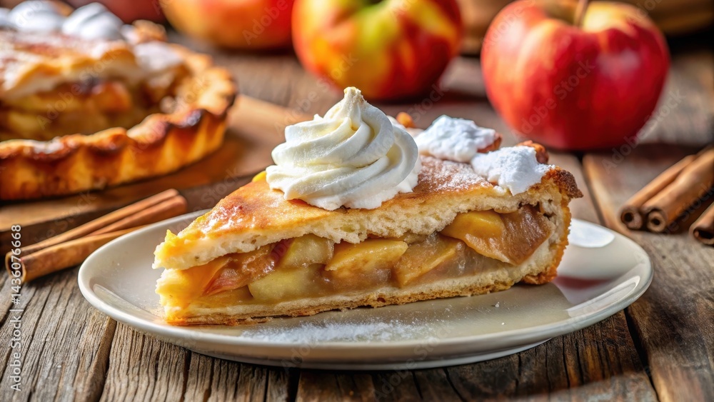 Close-up shot of a slice of apple pie freshly sliced from a warm oven, topped with a fluffy layer of whipped cream and a sprinkle of cinnamon, comfort food, golden brown Close-up shot of a slice of apple pie freshly sliced from a warm oven, topped with a fluffy layer of whipped cream and a sprinkle of cinnamon, comfort food, golden brown