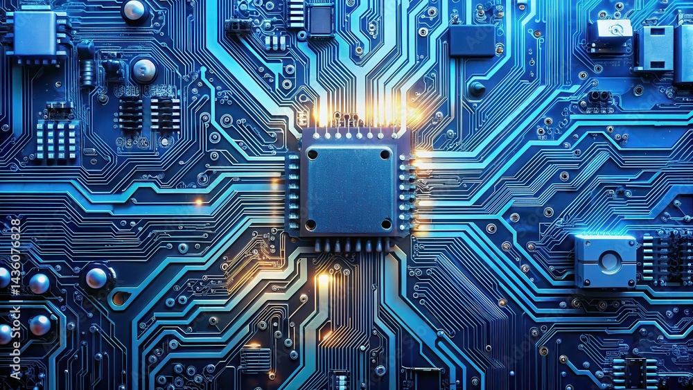 Modern electronics on a blue circuit board background with intricate technological circuits, showing a complex system of wires and components , intricate designs, electronic components Modern electronics on a blue circuit board background with intricate technological circuits, showing a complex system of wires and components , intricate designs, electronic components