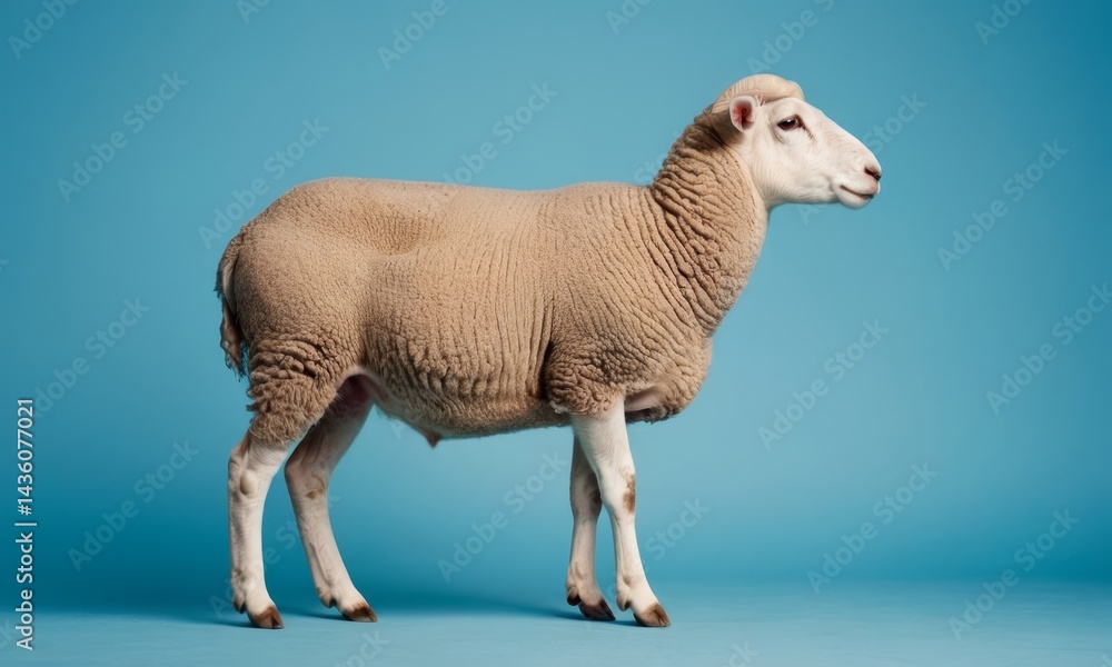 Obraz premium Studio shot of a sheep against a blue background showcasing wool texture