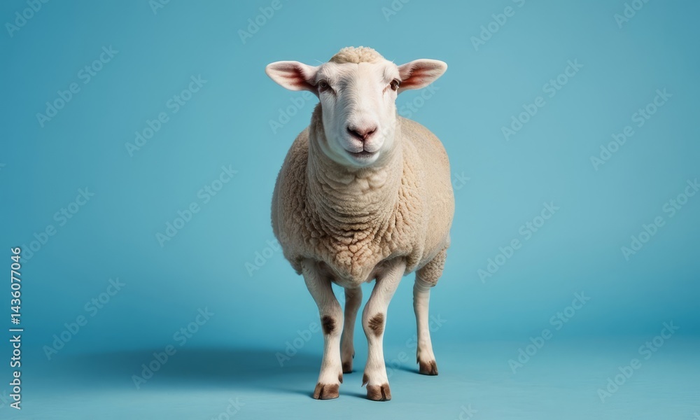 Fototapeta premium Full body shot of a sheep on a pastel blue backdrop in a studio setting