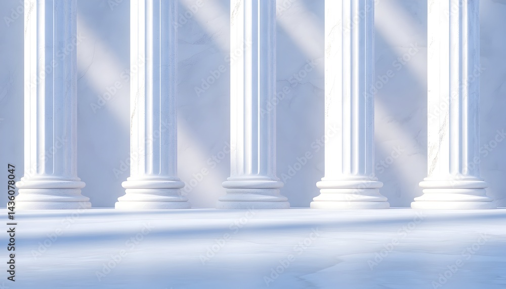 Sunlight illuminates five pristine white marble columns against a matching wall, creating a serene classical backdrop Sunlight illuminates five pristine white marble columns against a matching wall, creating a serene classical backdrop