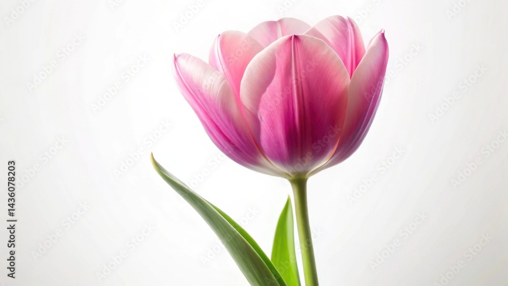 Fototapeta premium A Single Pink Tulip Blossom Against a White Background, Exhibiting Delicate Petals and Vibrant Hues