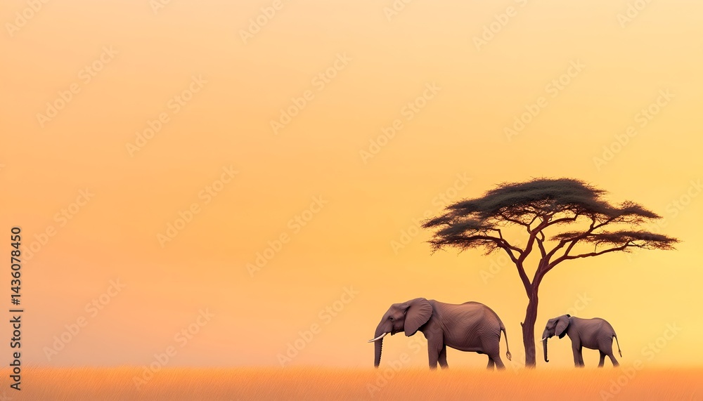 Fototapeta premium Two elephants stand beneath an acacia tree at sunset in a golden savanna landscape