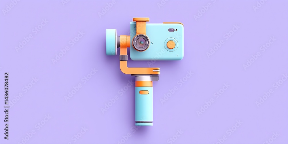 Fototapeta premium Colorful Camera Gimbal Stabilizer with Blue Handle and Orange Mount on Purple Background