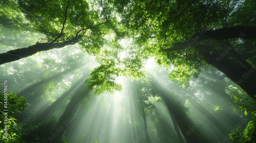 Obraz premium Lush forest canopy, sunlight filtering through