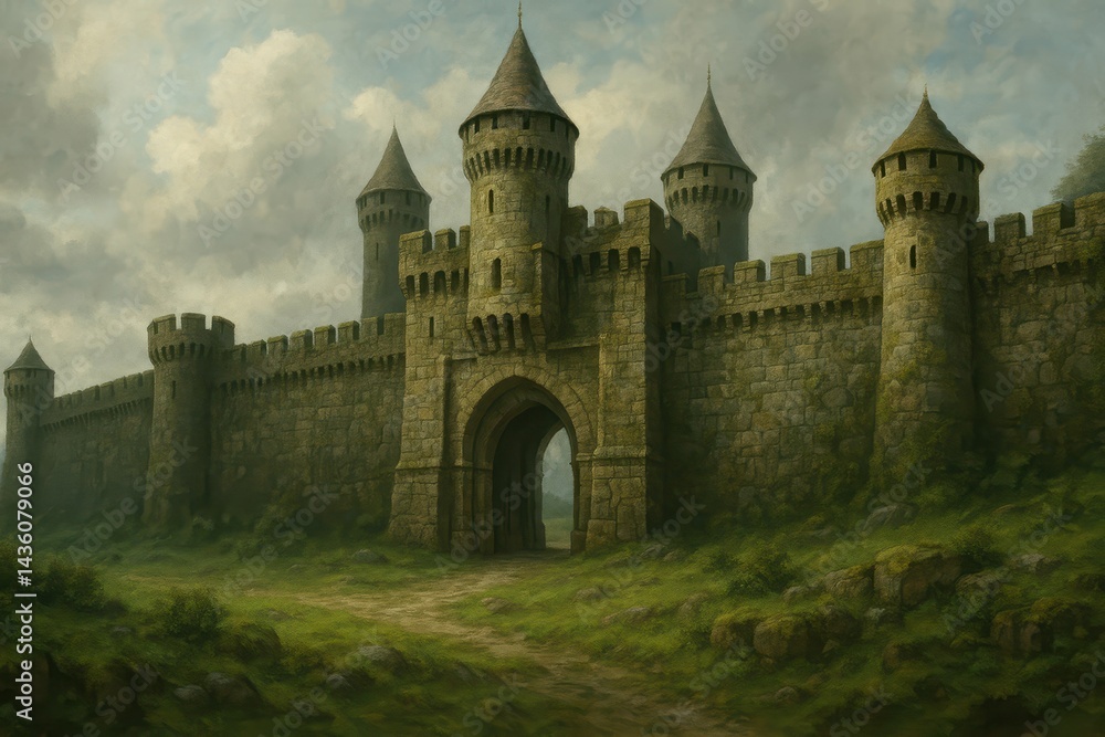 Fototapeta premium Mossy Fortress Surrounded by Lush Greenery Under Cloudy Sky