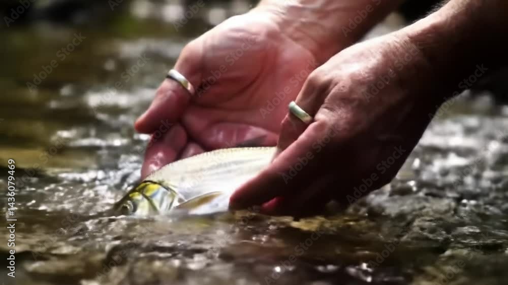 Angler releases a freshly caught fish back into a serene stream Angler releases a freshly caught fish back into a serene stream